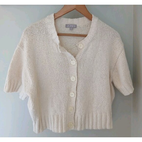 J. Crew Marina Crewneck Cardigan Textured Cotton Size Medium Cream Minimalist - Picture 1 of 10